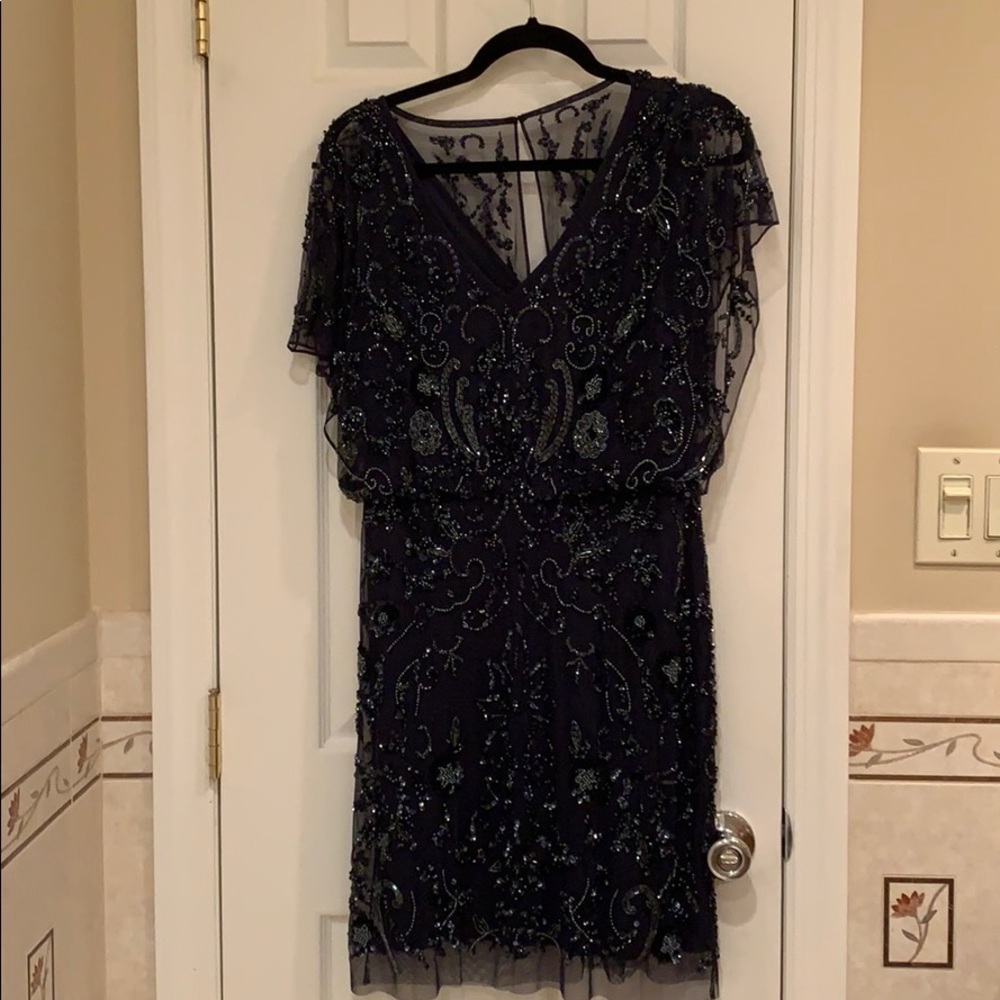 Navy Aidan Mattox flutter sleeve beaded v neck